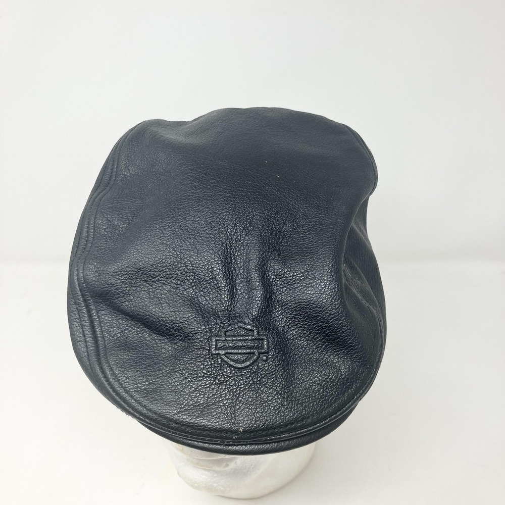 Harley-Davidson Flat Cap Mens M Black Leather Willie Skull Biker Motorcycle